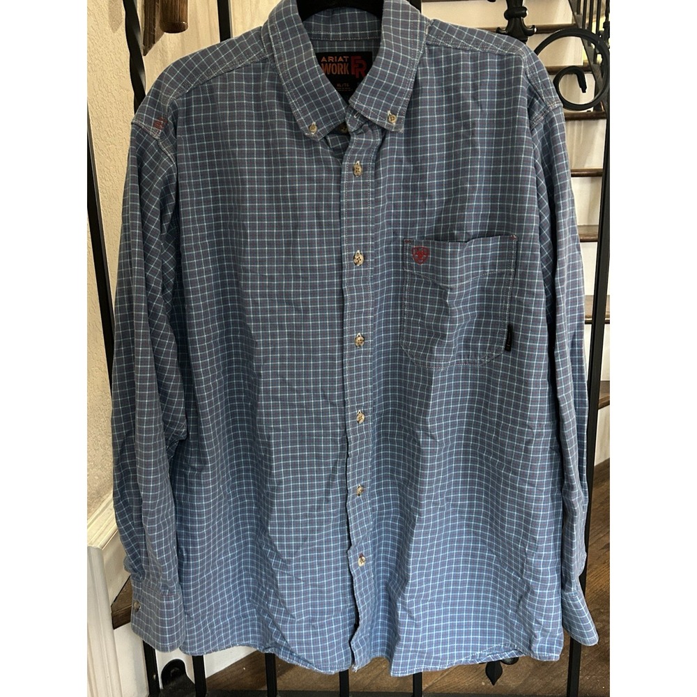 Men's Large Ariat Work FR Long Sleeves Button Up  Blue Plaid